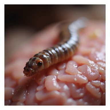 detailed macro of an intestinal parasite worm on pig intestinal tissue, realistic textures and colors, blurred background, 4K quality sticker