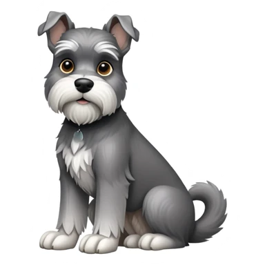 cinematic-[schnauzer]-realistic-full-body-sitting-emoji,-tail-resting-loosely-beside-its-paws,white eyes-head-tilted-dramatically, -sleek-[grey]-fur,-simplified-yet-realistic-focused-features,-highly-detailed,-glowing-with-an-almost-sarcastic-glow sticker