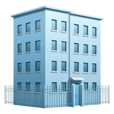 light blue rectangular 9-story apartment building surrounded by fence, closed courtyard, minimal flat vector icon, friendly clean design sticker
