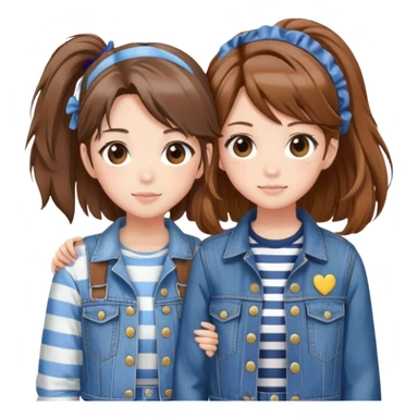 Two anime best friend girls with brown hair, one in striped shirt and denim jacket, one in denim overalls with hair clip sticker