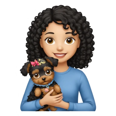 Light skin girl with curly black hair holding a yorkie dog  sticker