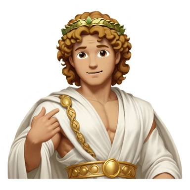 Cinematic Realistic Hercules Portrait, head tilted dramatically with an exaggeratedly amused expression, blending the fierce valor of the Hercules with the classic elegance of Michelangelo's David. His light tan skin and thick, curly, golden brown hair, rendered with meticulous classical detail, frame a face of heroic determination and playful charm. Clad in a gracefully draped white robe adorned with subtle golden embellishments and accented by a distinguished Greek laurel wreath, dynamic lighting accentuates both his formidable physical power and his approachable, spirited demeanor. sticker