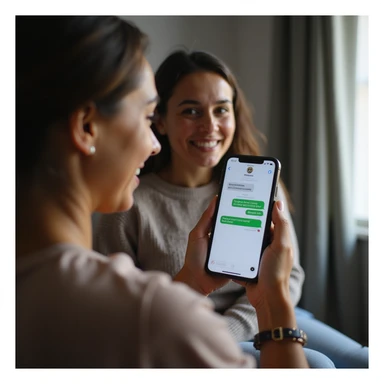 woman with PCOS showing a message on her phone saying 'Ciclo arrivato!' to a loved one, both smiling, home environment, vertical 9:16, hyperrealistic 4K details sticker