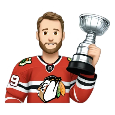 Jonathan Toews holding the Stanley Cup with beard sticker