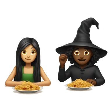 one girl and one guy sitting at a table witch spaghetti  sticker
