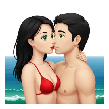Blonde Woman, green eyes, Red thong, naked breast, Kissing man with blue eyes, black Hair, Background sea  sticker