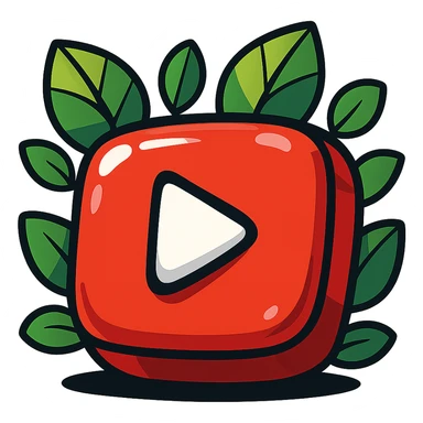 chunky, playful YouTube logo, vibrant toon style, bold cartoon outline, dramatic shadows, glossy highlights, surrounded by bright leaves, no background sticker