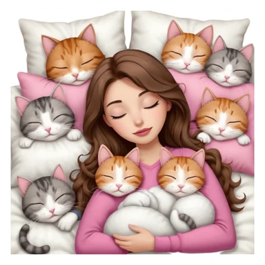 girl with long wavy brown hair, brown eyes, long lashes makeup, sexy pink lips, light to medium complexion,  sleeping on a cozy pillow, with 6 cats: 1 brown and white tabby cat, 1 ginger and white, 2 grey and white, 1 grey with white mittens and small white patch on chest and 1 calico, sleeping sticker