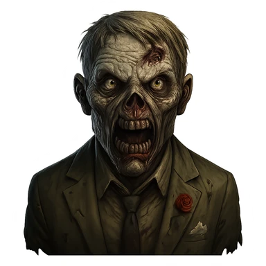 Make the zombie's face scarier while keeping the suit. Remove the background. The style should resemble a scary zombie character with detailed facial features and a frightening expression. sticker