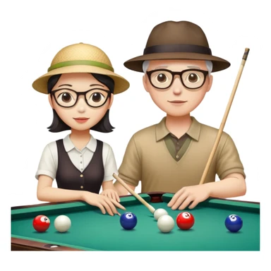 Chinese Girl and white man with a hat and glasses playing pool sticker