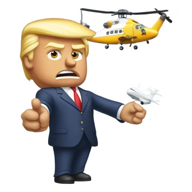 Donald trump by himself holding an airplane in one hand and a helicopter in the other hand smashing them together sticker
