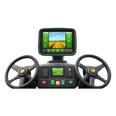 a view from the tractor cabin, with the dashboard in focus, overlooking a vibrant rural landscape. Inspired by Farming Simulator 22, the scene includes fields, crops, and distant barns under a bright sky. The design highlights the immersive experience of farm management. transparent background sticker