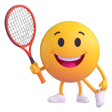 3D smiley emoji, round shape, with tennis racket and ball, sporty face sticker