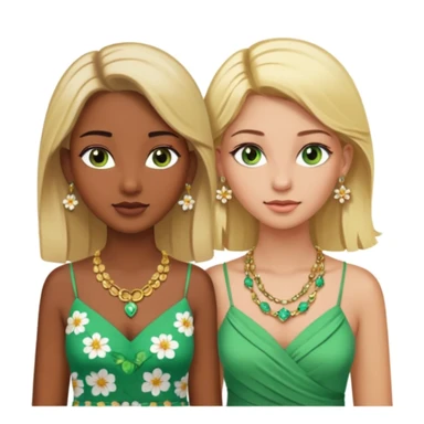 There will be two young women. One with dark brown skin, brown eyes, blonde hair, wearing a lot of necklaces and earrings. The other woman with green eyes, white skin, blonde hair, wearing a necklace and earrings, both wearing flowery dresses. sticker