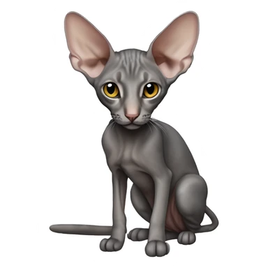 Realistická Peterbald mačka s nahou kožou, veľké uši čiernej farby, čierny nos, sfarbenie v siamskom štýle (svetlé telo s tmavšími končekmi labiek, uší a chvosta), výrazné svetlo modré oči, detailný vzhľad, prirodzený výraz.” sticker