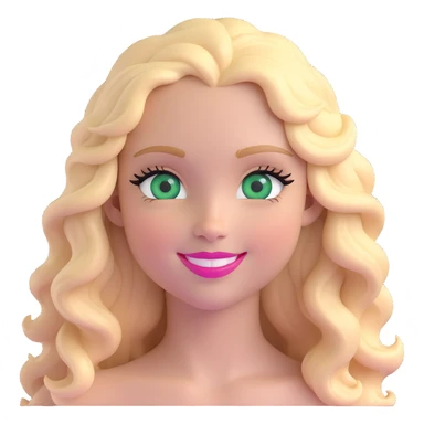 emoji of a girl with green eyes, long blonde wavy hair, long eyelashes, pink lips, smiling sticker