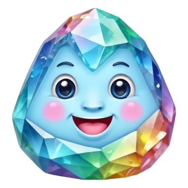 A single pastel rainbow crystal rock character, chubby and heavy with a chunky, irregular polygon shape, not egg-shaped, covered in faceted crystal planes and small chips, soft blue face carved into the rock, big glossy rainbow eyes and a small smiling mout sticker