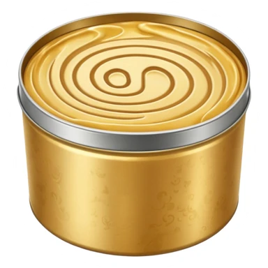round metal tin, slightly open, with glossy golden wax inside, soft swirls on surface, no extras, soft lighting, subtle shadows, emoji scale sticker