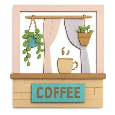 cute coffee shop window with hanging plants and pastel curtains, hand-drawn style sticker
