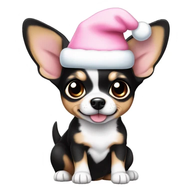 black & tan chihuahua puppy full body light blue eyes pink christmas hat on sticker