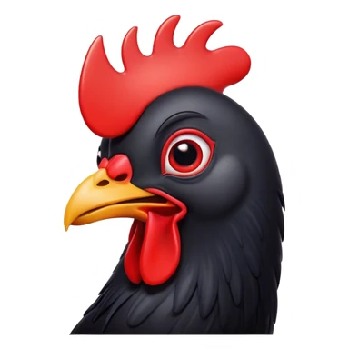 Cinematic Comical Black Chicken Portrait Emoji, Head tilted dramatically with an exaggeratedly amused expression, featuring a sleek, glossy black plumage with a bold red comb, wide, expressive beady eyes filled with playful disbelief, Simplified yet hilariously expressive features, highly detailed, glowing with a slightly sassy glow, high shine, dramatic yet playful, stylized with an air of cheeky mischief, bright and endearing, soft glowing outline, capturing the essence of a spirited and over-the-top chicken, so meme-worthy it feels like it could cluck its way into internet fame instantly! sticker