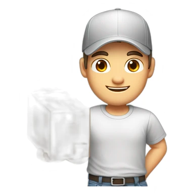 Pale skinned fit Man with dark brown hair in a white cap, gray jeans and gray polo T-shirt keeping a pasted box into his hands sticker