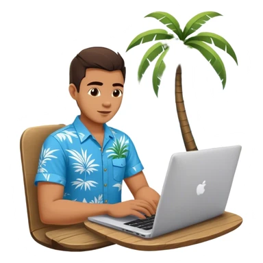 A digital nomad in bali working on a laptop wearing a tropical blue shirt with a palm tree on the side sticker