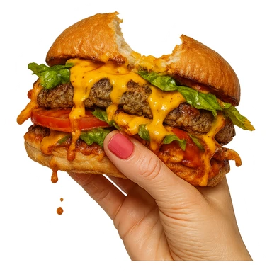 a messy sandwich with a bite taken out, hand with pink fingernails holding it sticker