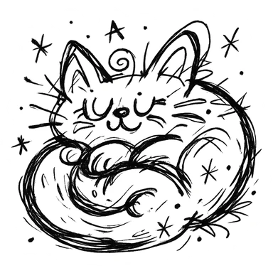 chaotic outlined icon of a cute cat curled up and purring, with exaggerated, whimsical features sticker