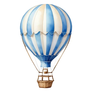 "A dreamy hot air balloon with blue and white stripes, floating among soft clouds, watercolor aesthetic."
 sticker