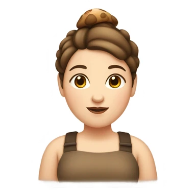 Chubby girl with brown hair in a bun with a mushroom sticker