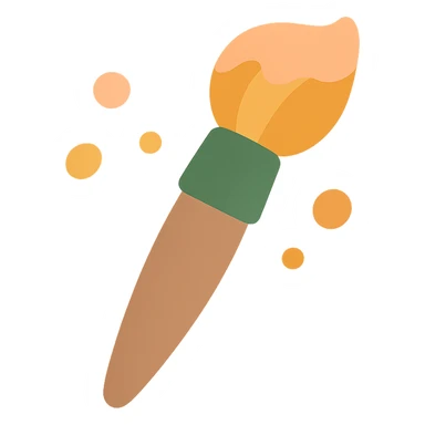 A cute and whimsical artist's paintbrush with a soft and cozy design, featuring a warm color palette: golden orange (FA9B41), deep forest green (4A7C5C), muted taupe brown (96775A), and pastel peach (FFCC9A). The brush has a delicate wooden handle in muted brown, with the bristles slightly fanned out, holding a touch of paint in shades of peach and orange. The tip of the brush is dipped in a soft golden hue, and tiny splashes of paint in the palette’s colors are gently scattered around. The overall mood is playful, artistic, and charming, evoking a sense of creativity and warmth. sticker
