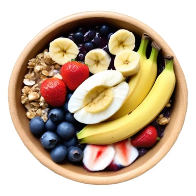 acai bowl in a wood bowl with bananas nutella strawberries granola honey and coconut sticker