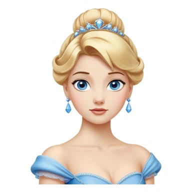 Cinematic Realistic Noble Cinderella Portrait, depicted with porcelain skin rendered in lifelike detail and soft, natural lighting that highlights every delicate nuance. Her intricately styled golden-blonde hair is arranged in an elegant updo, and her deep, expressive blue eyes radiate quiet determination. She wears her classic ball gown with rich fabric textures and delicate folds catching the light beautifully, all set against a subtly glowing, natural background that captures the essence of timeless royal grace. sticker