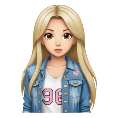 hime gyaru girl, tattoos, long straight hair, white v neck tee with grunge jean jacket sticker