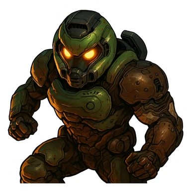 doom slayer, stylized helmet, glowing eyes, dynamic stance, sci-fi style, dramatic lighting sticker