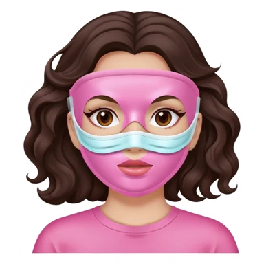 A white girl with long dark brown wavy hair and a pink cosmetic mask on her face sticker