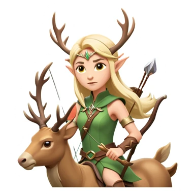 clash-of-clans-aesthetic-blond-elf-archer-portrait-emoji, rendered in a flat, vector-style with minimal shading and bold, simplified shapes, head tilted slightly forward with a determined, focused expression, riding a majestic stag whose luminous antlers glow with mystical energy, set against an ancient, enchanted forest backdrop. sticker