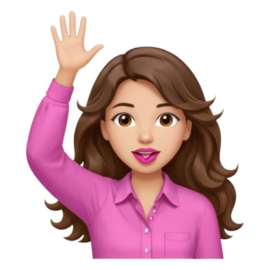 girl with long wavy brown hair, brown eyes, light to medium complexion, in a pink shirt, pink lips, long lashes, puckered lips, both hands all the way upin the air cheering sticker