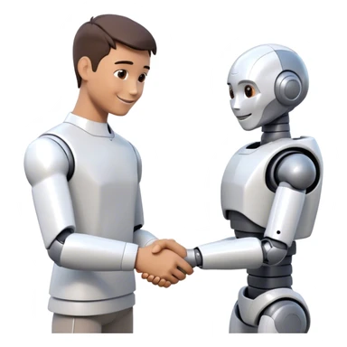 Futuristic emoji: a man and a humanoid robot shaking hands in a friendly manner. The man is smiling, and the robot looks friendly. Minimalistic background, 3D style, realistic details sticker