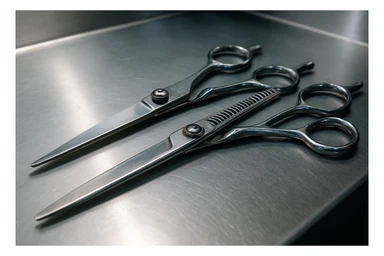 A set of professional barber scissors lies on a stainless steel workbench, gleaming under the bright lights. The blades are sharp and precise, with smooth handles showing signs of frequent use, ready for the next cut sticker