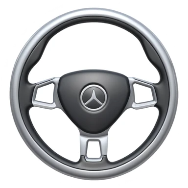 A futuristic steering wheel emoji made of silver chrome, minimal geometric design, smooth metallic surface, soft reflections, iOS emoji style, centered, clean white background sticker