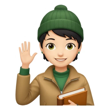 tan skin, non binary man with pixie cut black hair, wearing brown jacket and dark green beanie, smiling , holding up  book  sticker