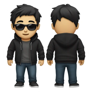 programmer, student, asian, black hair, black eyes, male, round face, black sunglasses, black hoodie, part hairstyle sticker