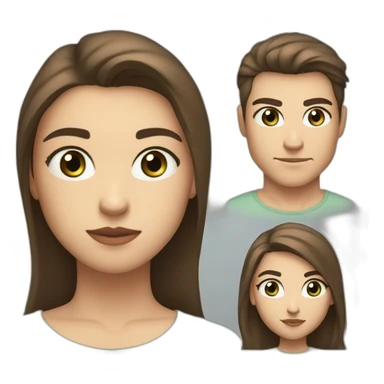 couple girl with guy, brown hair, athletic build, serious expression, full lips, the guy has blue eyes, the girl has gray-green eyes, the girl has long hair sticker