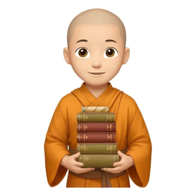 A young monk carrying a stack of ancient books, slightly wobbling but smiling softly.
 sticker