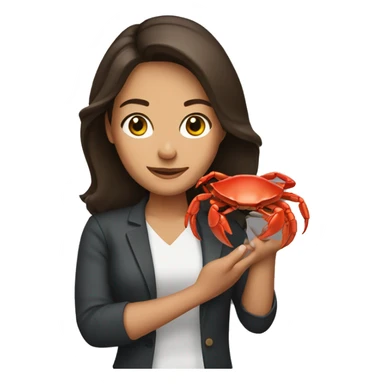 Brunette woman holding a crab sticker