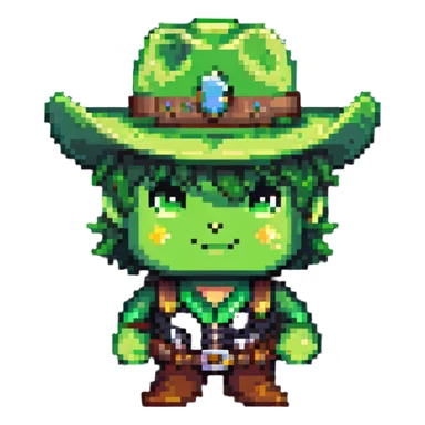 Cowboy character with a bright green hat sticker