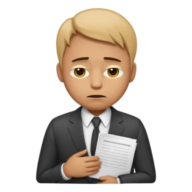 emoji character wearing a suit. face has a very sad, disappointed expression with drooping eyebrows and half-closed eyes. posture is dejected, with slumped shoulders just rejected from his interview to get a job, holding cv sticker