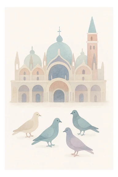 Venice, Italy, showing St. Mark's Basilica and pigeons, watercolor art style sticker